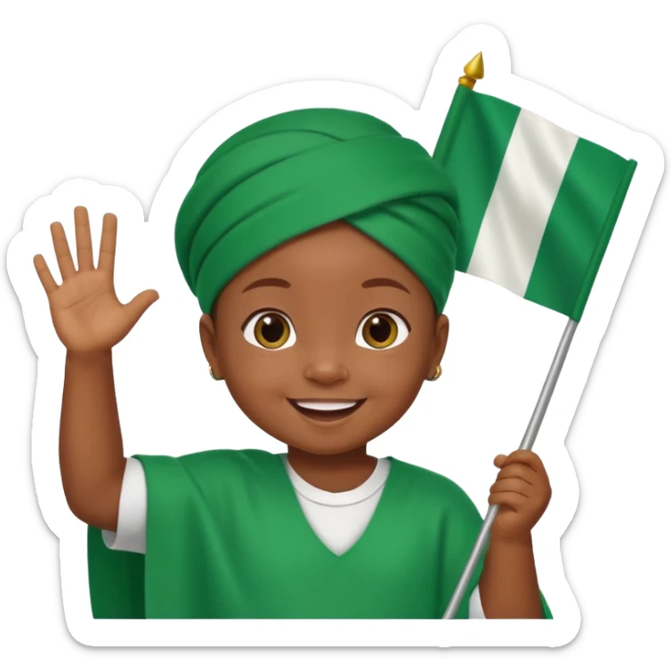 A cute Nigerian baby waving the Nigeria flag, smiling happily, colorful festive background, bright and cheerful atmosphere. sticker