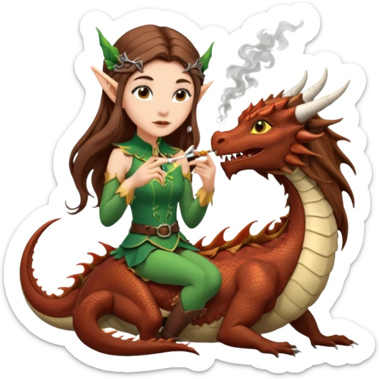 a girl with long brown hair and elf ears riding a dragon and smoking a cigarette sticker
