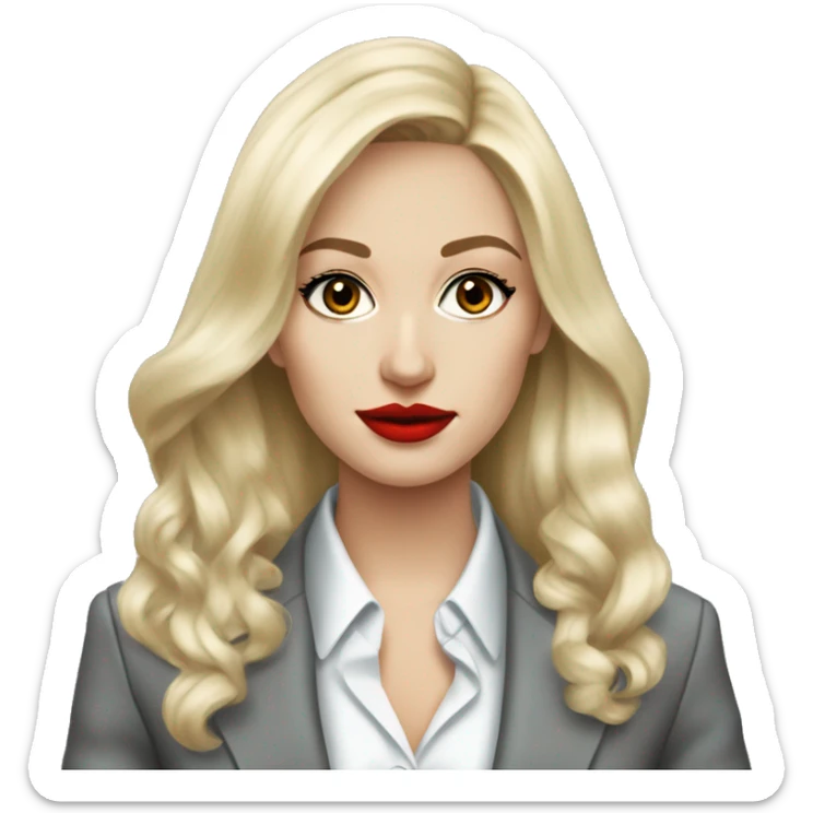 Russian Blonde long hair with red lips small nose and black eyes Tiffany diamond seller in a grey suit sticker