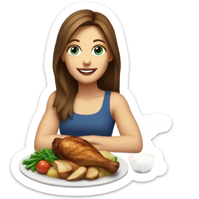 White girl blue eyes brown hair eating grilled chicken and potato  sticker