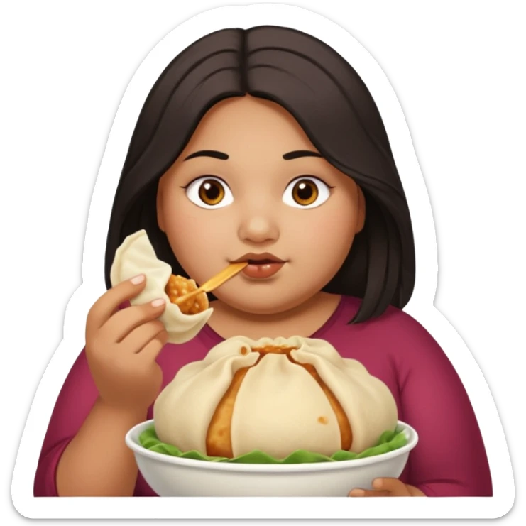 Can you create an emoji of a half Indian - half white 23 year old girl with dark brown mid length hair and brown eyes who is super obese and eating a dumpling. Can the emoji be from head to toe sticker