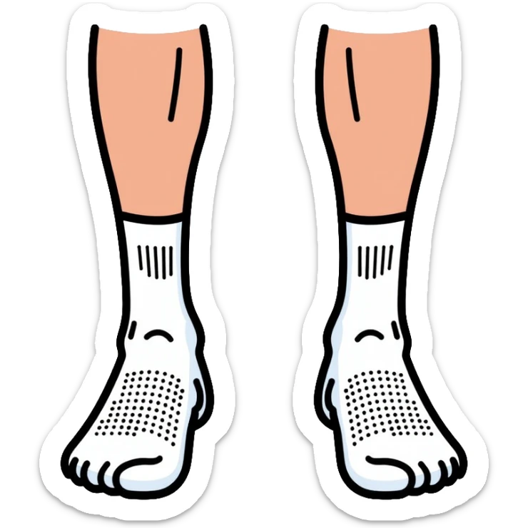 bottom view of feet wearing white athletic socks showing soles with texture pattern sticker