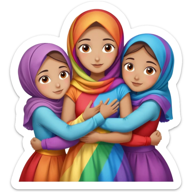 Four sister hugs Turkish girls beautiful finish Konya brown eyes with raimbow hijab and heart dress and hugs  sticker