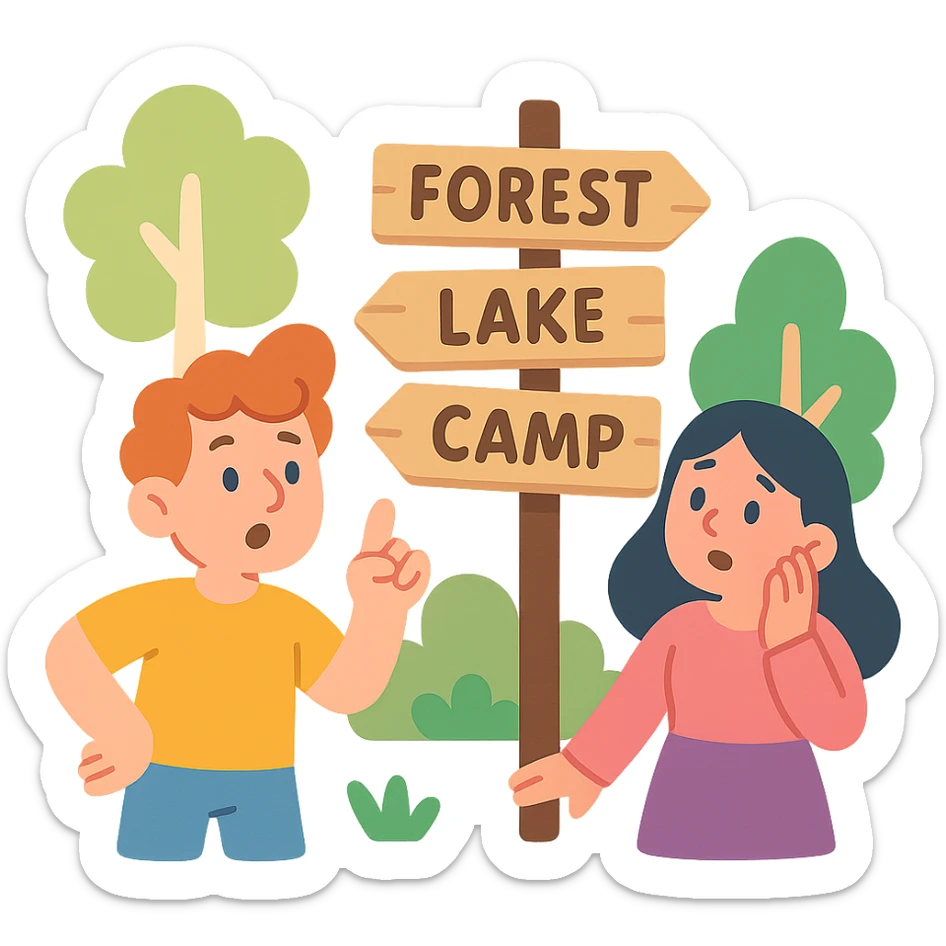 tiny wooden signpost with forest directions, pastel colors, pastel-toon style illustration sticker