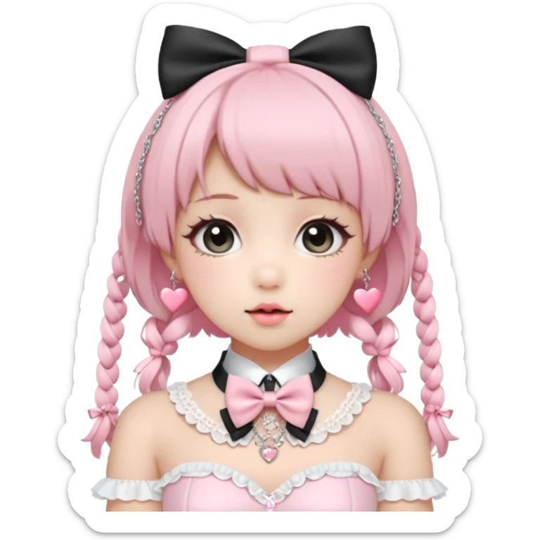 Pastel-baby-rose-pink Lolita-styled aesthetic cute kawaii choker-collar-necklace adorned with with white frills, roses, hearts, bow tie, silver chains, sakura sticker