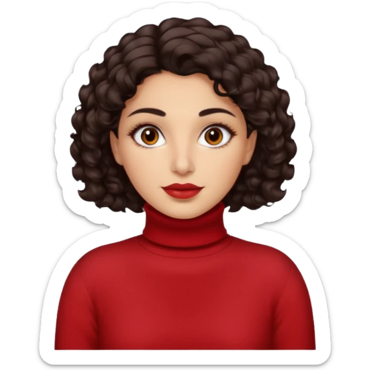 30 yr iranian woman dark brown hair curly wavy short hair, red turtle neck sweater, very thick eyebrows, light skin, dark brown eyes sticker