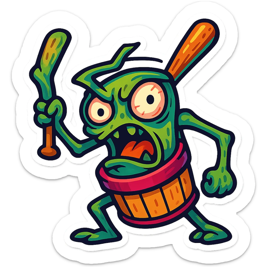 square image of absurd wooden stick-man creature, drum-like cylindrical body, holding baseball bat, cartoon style, bright vivid colors, expressive face, dynamic pose, a bit creepy yet funny,  sticker