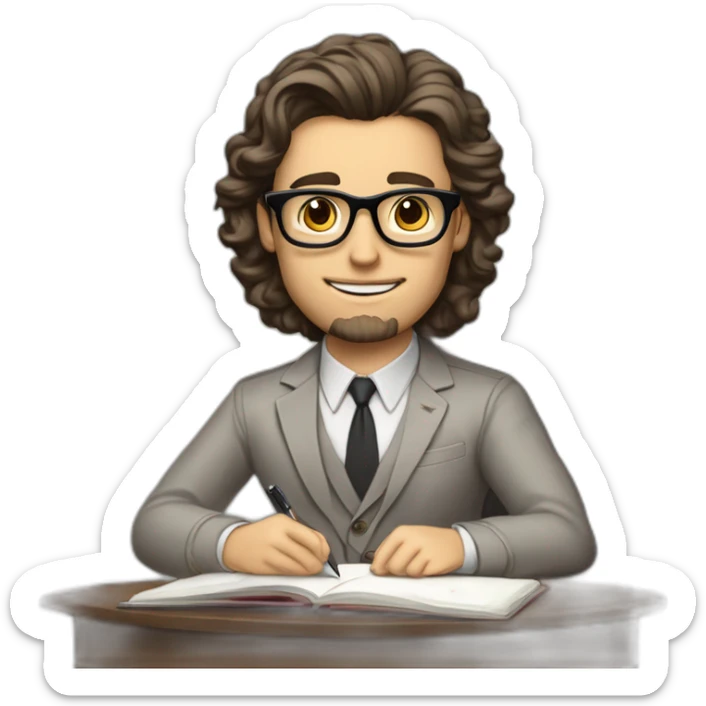 Pale skinned Fit Man With dark brown hair in gray jacket, beige office shirt and vintage glasses sitting In a soft chair with a notebook with emblem Ψ and a pen in his hands sticker