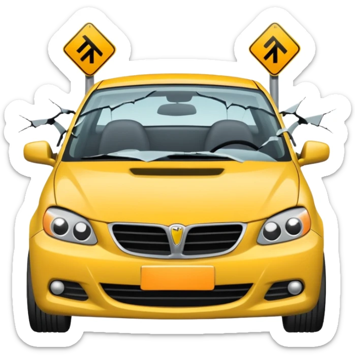 car crashed to a trafic barrier barrier in front of car and car front panel broken sticker