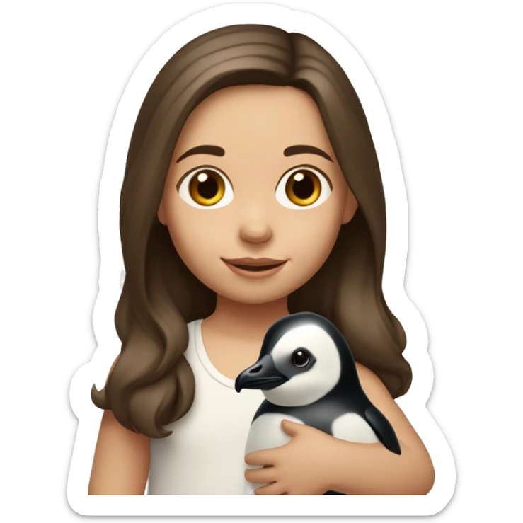 2 year old caucasian girl with shoulder length brown hair holding a penguin stuffed animal sticker