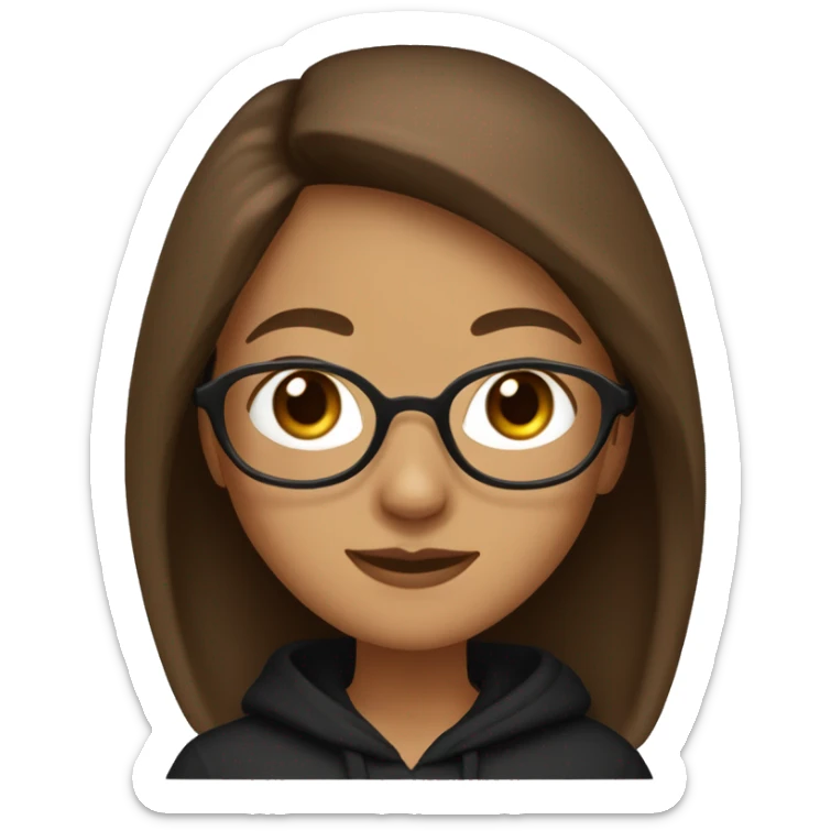 Girl with brown long hair,hazel eyes upturned nose and a bit tanned skin with square glasses and wearing a black hoodie  sticker