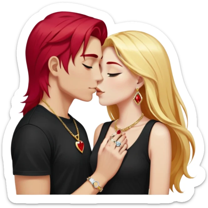 close-up of 20 year old couple kissing, girl with long cherry red hair, blonde eyebrows, gold necklace with letter A, diamond gold ring, red bracelet, boy with bright white hair wearing silver ring with black stone and dark t-shirt sticker