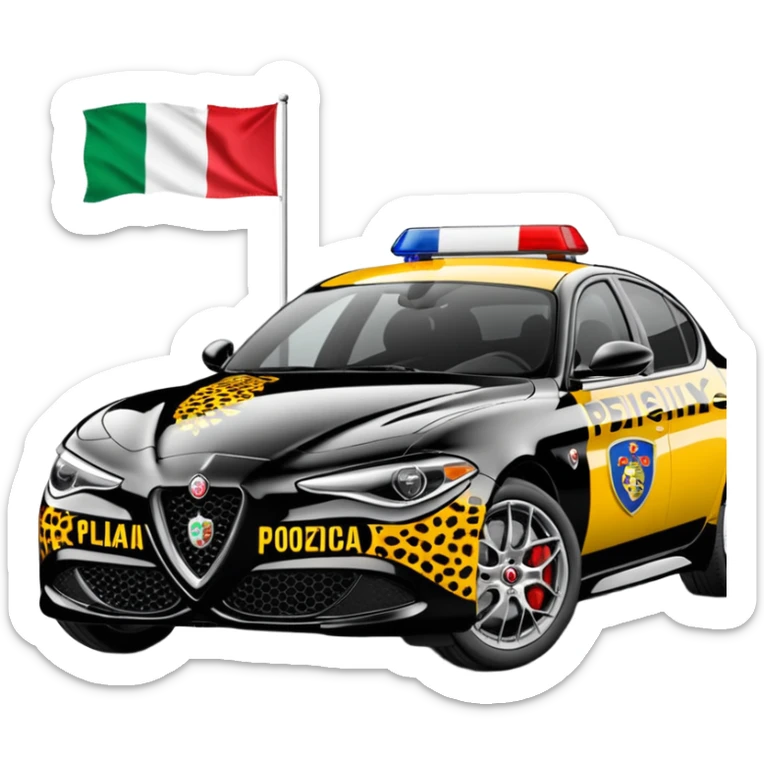 crea auto di servzio alfa romeo giulia colore nero con la scritta sul lato polizia penitenziaria e la un leopardo e la bandiera italiana sticker