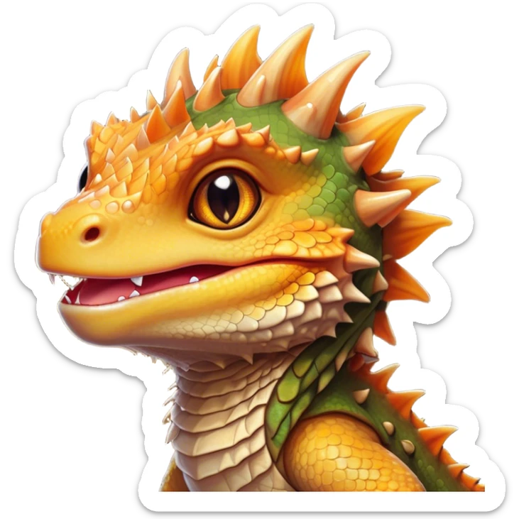 Cinematic Cute Bearded Dragon Portrait Emoji, Head tilted playfully and inquisitively, featuring a glossy, scaled hide in warm olive hues with an adorably scrunched spiky beard and round, sparkling eyes full of curious mischief, Simplified yet irresistibly adorable features, highly detailed, glowing with a warm, friendly glow, high shine, affectionate and lively, stylized with a touch of rugged whimsy, bright and endearing, soft glowing outline, capturing the essence of a mischievous yet loving dragon, so playful it feels like it could scamper out of the screen into your arms! sticker