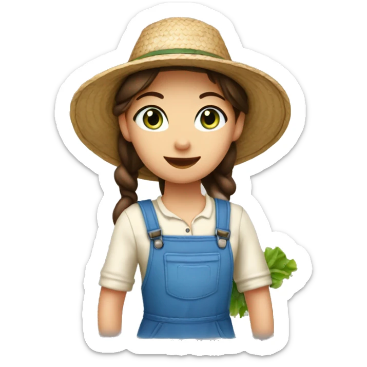 farmer girl, blue eyes, dark nbrown hair, with a straw hat, ponytail, holding greens sticker