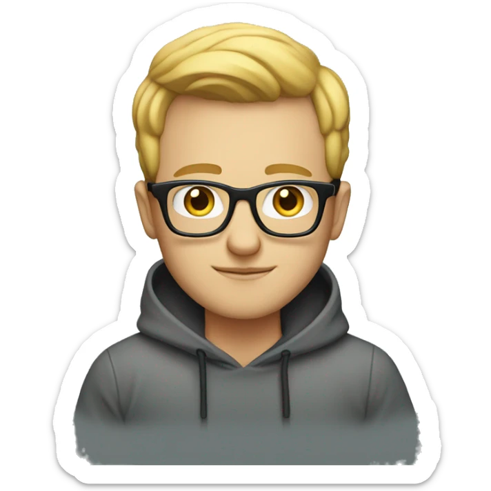 white geek with square spectacles and hoodie sitting infront of laptop sticker