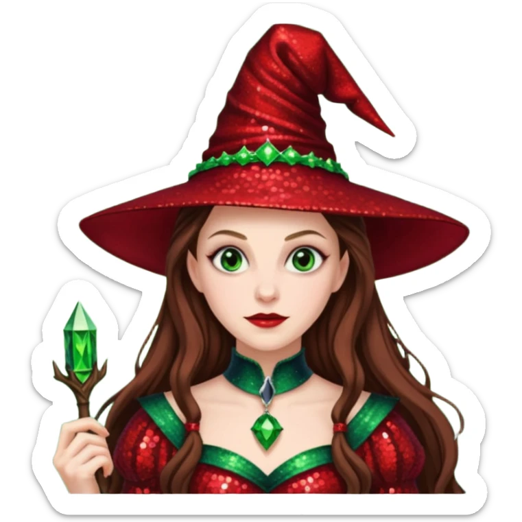Nessarose, Wicked Witch of the East from The Wizard of Oz with long brown hair, red sequin outfit sticker