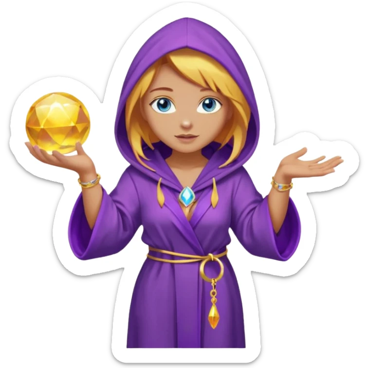 lightly tanned skin, blue eyes, cute and sexy girl with bright yellow-brown hair in a few shades of purple robe with hood, golden rings, slight cute makeup, full body, slightly turned aside pose, holding a magical ball (for future prediction) sticker