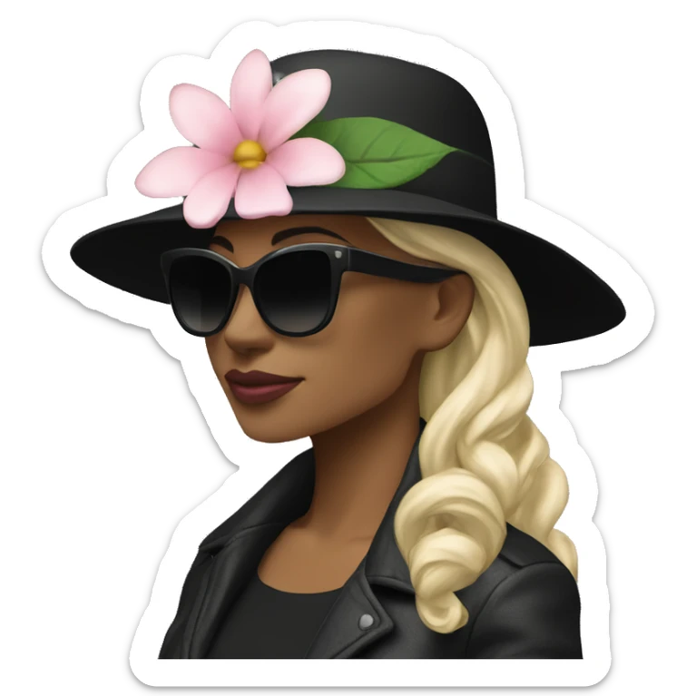  woman wearing a black hat adorned with a white flower and smaller decorative flowers. She is also wearing black sunglasses and a shiny pink jacket over a black top. She appears in a side profile pose , her head slightly tilted back. White skin sticker