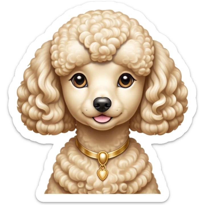 Cinematic Noble Cream Poodle Portrait Emoji, Poised and regal, with a refined, elegant build and a meticulously groomed, curly cream Fur, deep-set soulful warm eyes, Simplified yet sharp and sophisticated features, highly detailed, glowing with a soft, dignified glow, high shine, intelligent and graceful, stylized with an air of sophistication, focused and attentive, soft glowing outline, capturing the essence of a watchful and confident companion, so majestic it feels as though it could prance out of the screen with effortless authority! sticker