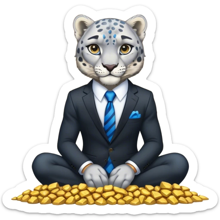 muscular snow leopard in black suit with blue tie sitting on pile of gold nuggets sticker