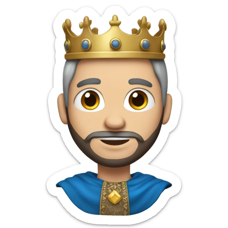 A king with a crown, white skin, blue eyes, dark brown hair and low beard with no mustache sticker