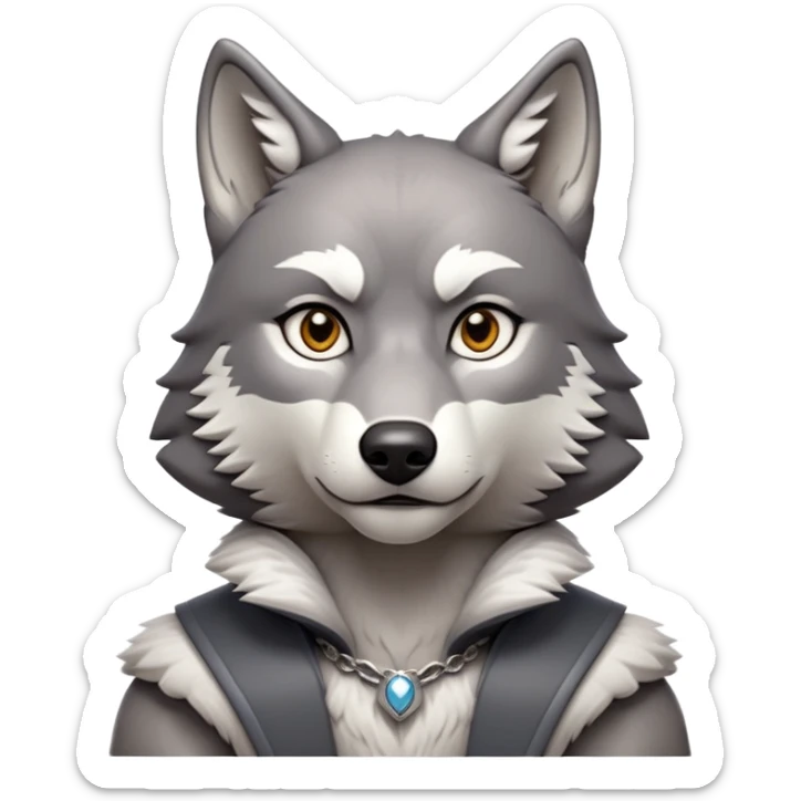 cinematic-noble-wolf-portrait-emoji,-poised-and-regal,-with-a-strong,-lean-build-and-a-sleek,-fur-of-grey-and-white,-deep-set-soulful-piercing-eyes,-simplified-yet-sharp-and-sophisticated-features,-highly-detailed,-full-body, zoomed out showing shoulders sticker