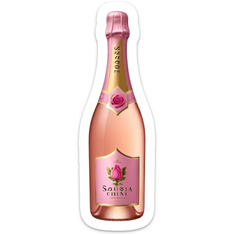 bottle of sparkling rosé with a rose logo on the label, tilted up and to the left, no glass sticker
