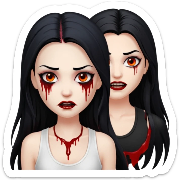 White woman with a white tank top long black hair glossy middle part long hair vamp look with fangs or blood dripping brown eyes eyeliner winged with lashes top and bottom sticker