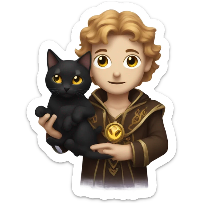 A sun warlock who is pale with brown hair and is holding a black kitten sticker
