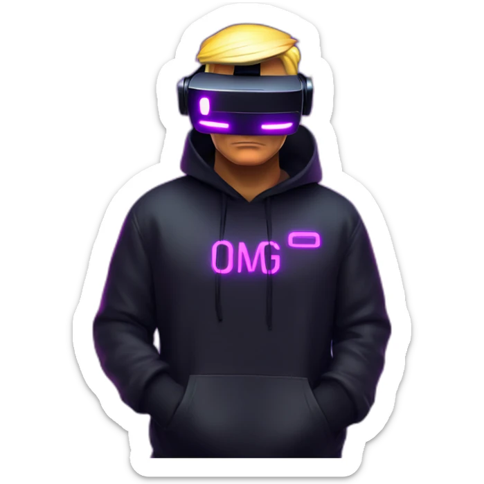 Donald Trump wearing a black hoodie with "OMG" letters on it and VR headset in a cyberpunk VR environment with violet neon lighting. sticker