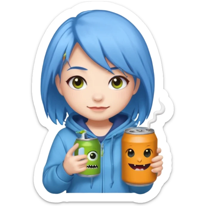 Chibi sticker of a woman with powder blue hair with white eyes hold a can of Monster with a smug smile; cozy style sticker