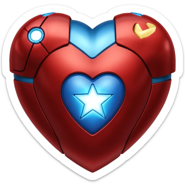 A red Iron Man heart with a glowing blue star in the center sticker