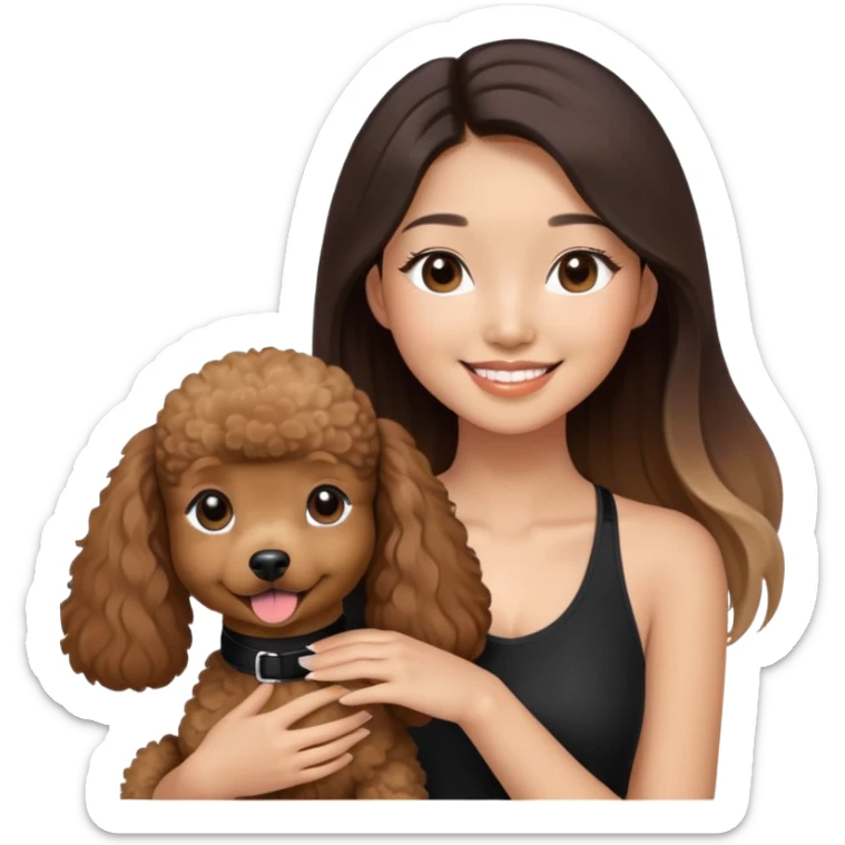 a asian girl with long straight balayage hair, long lashes, smiling, wearing black halterneck top, and holding a brown poodle sticker