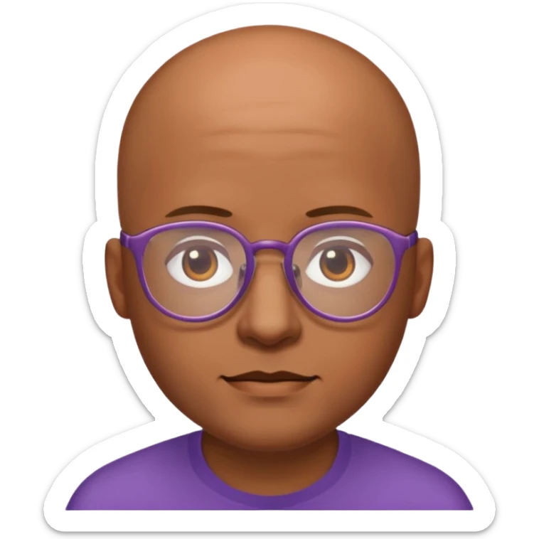 expressive Twitch emote of a cartoon-style character in an emoji-like art style. Bright colors, outlined, transparent background. Use the following face: male person in their early 30s, brown skin, bald, with glasses and a gentle face. sticker