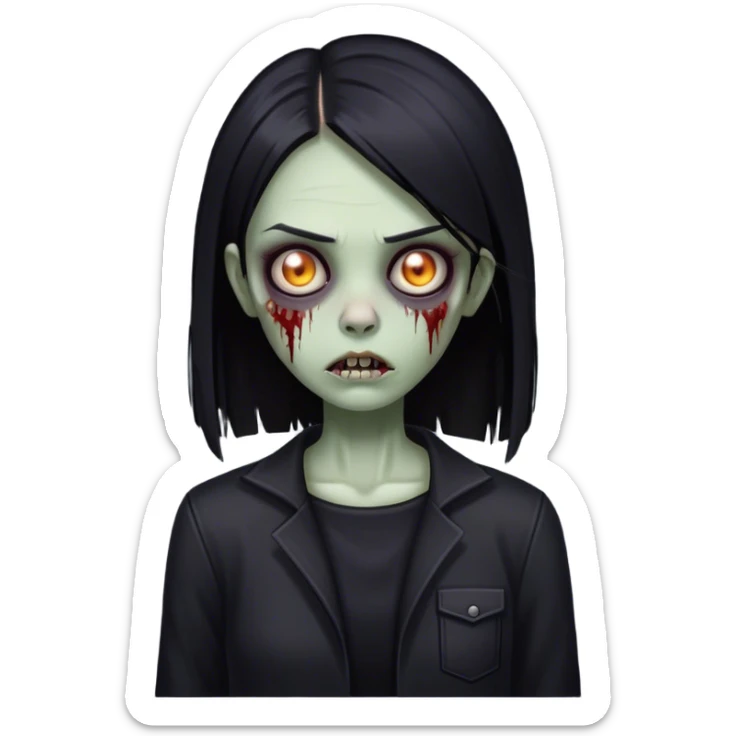 zombie girl, straight black hair and black clothes, gothic girl.  sticker