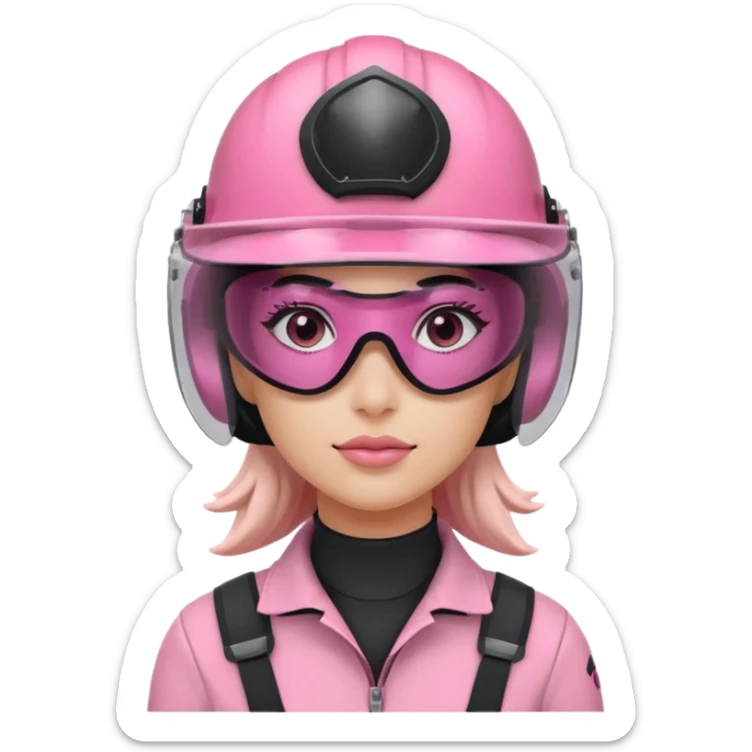 pink power ranger, woman emoji, with helmet on, black visor eye protection sticker