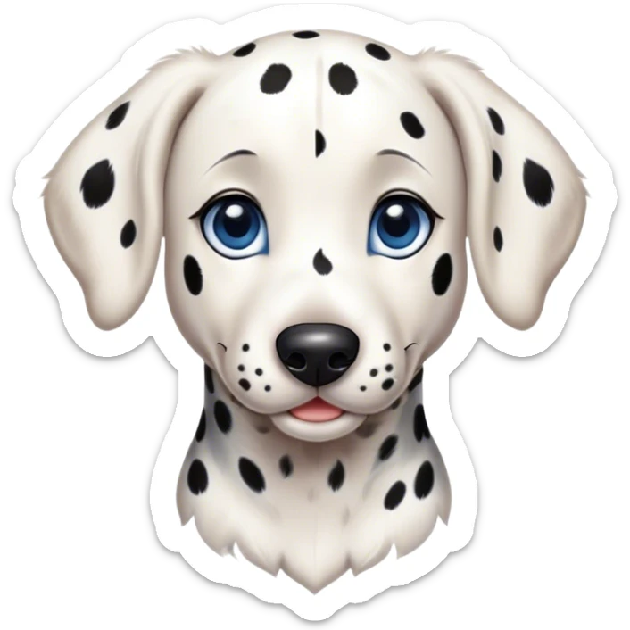 Cinematic Cute Spotted Dalmatian Portrait Emoji, Head tilted playfully and inquisitively, featuring a glossy Fur of predominantly white with dynamic black patches, round, sparkling blue eyes filled with gentle curiosity, Simplified yet irresistibly adorable features, highly detailed, glowing with a warm, friendly glow, high shine, affectionate and gentle, stylized with a touch of whimsy, bright and endearing, soft glowing outline, capturing the essence of a mischievous yet loving pup, so playful it feels like it could lumber out of the screen and into your arms! sticker