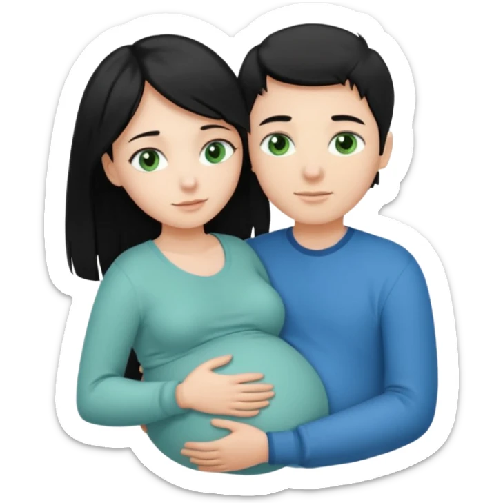 Make a couple hugging the girl is white with long black hair with blue eyes. The girl is hugging a boy with light brown short hair with green eyes. The boz is pregnant  sticker