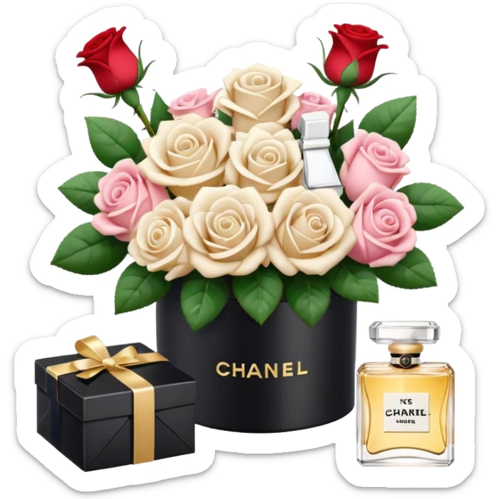 Cute white aesthetic emoji stickers set, including roses bouquet, engagement ring box, envelope with flowers, Chanel perfume, 3D render, glossy texture, delicate details, minimalist background, sticker style,  sticker
