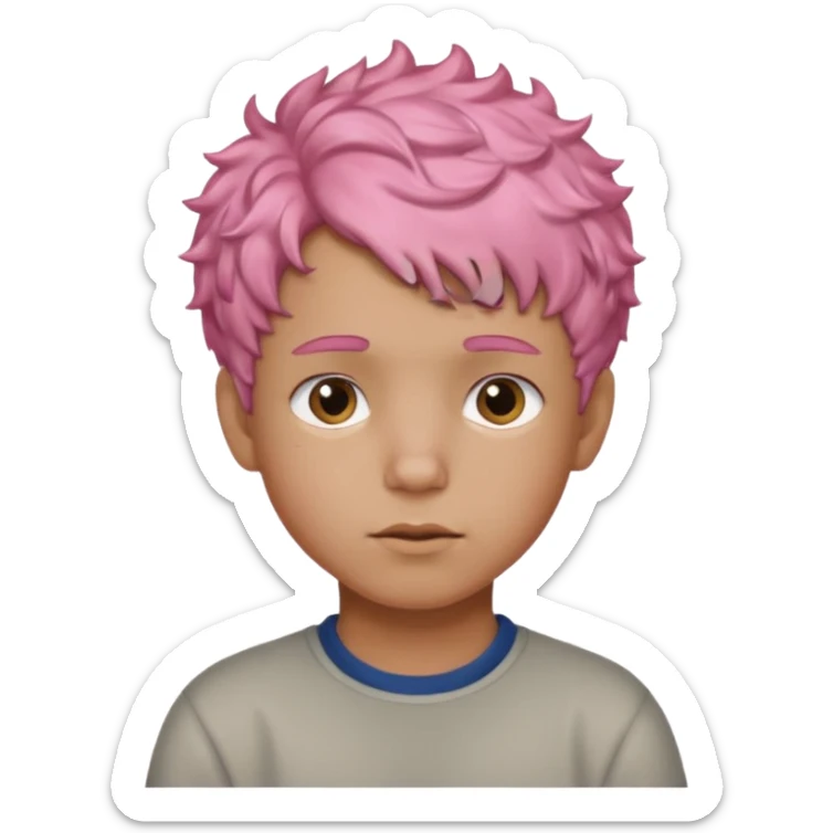 boy with short, curly pink hair, light brown skin, and a neutral facial expression. sticker