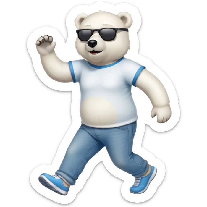 friendly anthropomorphised polar bear in jeans and a t-shirt, wearing dark sunglasses, jogging upright, standard pose sticker