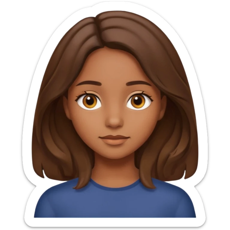 A girl with brown eyes and brown slightly wavy shoulder length hair and a center part sticker