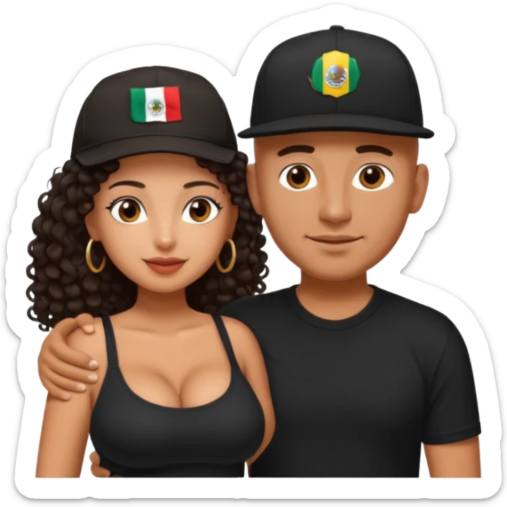 A picture of an embracing tanned couple. the man is a Mexican man with tanned skin, with a bald hair cut wearing a SnapBack hat and a black shirt. the woman is shorter, with long curly dark brown hair and with big boobs   sticker