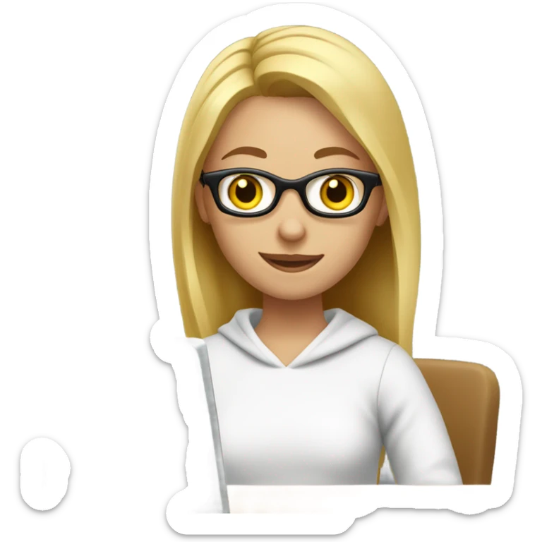 A girl tutor with glasses and blonde hair is sitting at a computer in a white sweatshirt sticker