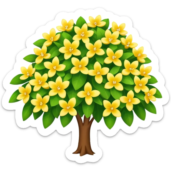 Vibranium shrub  in emoji format. I bunch of yellow whitish flowers with green leaves behind. Minimalistic. Make the shrub look more like cherry tree petals sticker