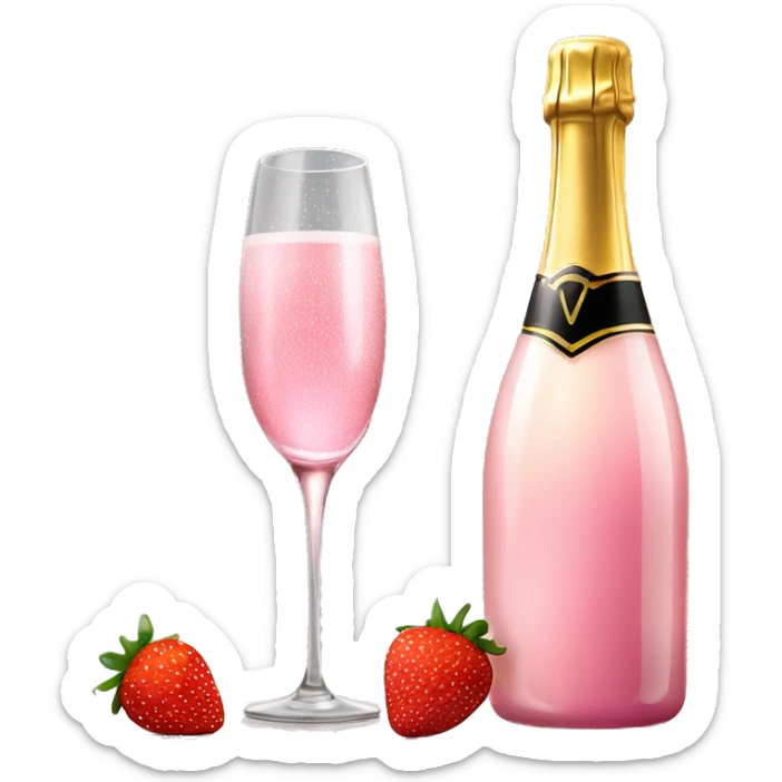 Realistic pink champagne bottle and pink clear glass full of the champagne with a strawberry in it. sticker