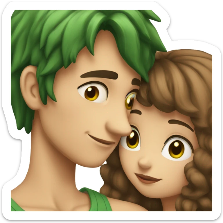 A boy with brown hair kissing a girl with green hair sticker