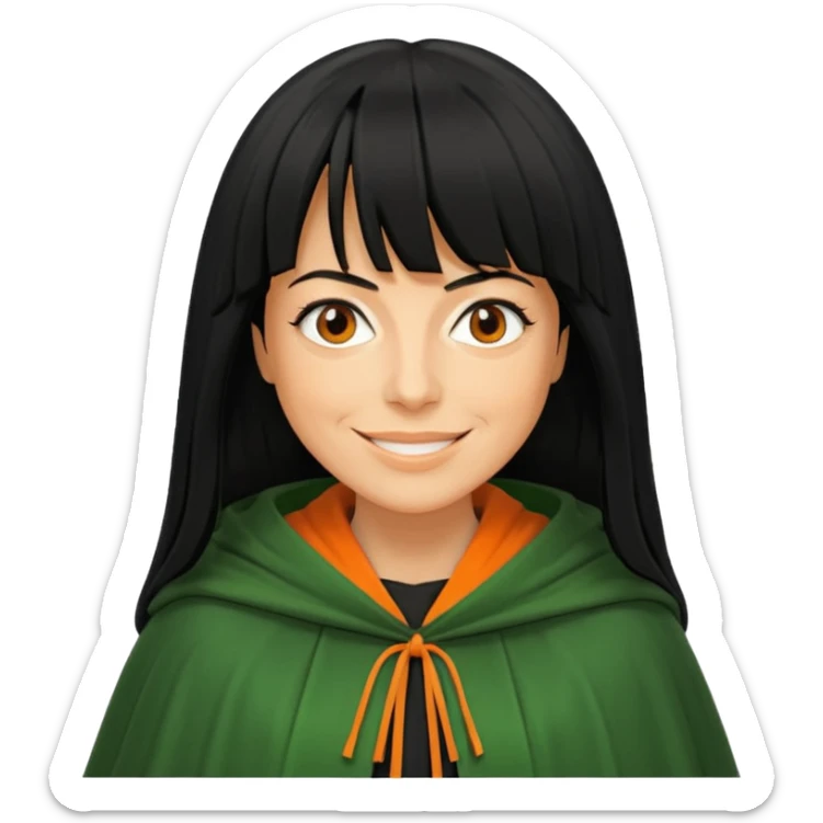 traitor tv show, person wearing green cloak who looks like claudia winkleman orange skin tone and thick black fringe sticker