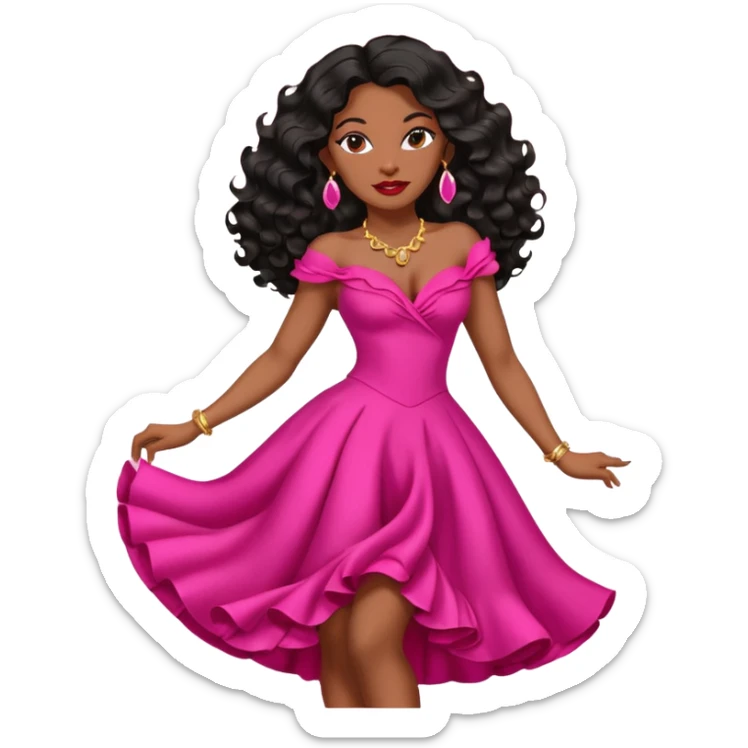 mature Black woman with long black wavy hair, pink lipstick, red dance dress, big earrings, confident expression sticker